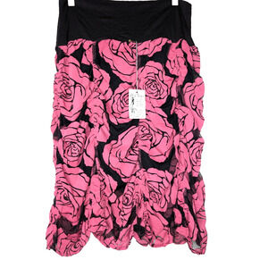 Rare VTG Y2K Black Sheer Ruched Pink Rose Print Whimsigoth Dark Fairy Mesh Skirt